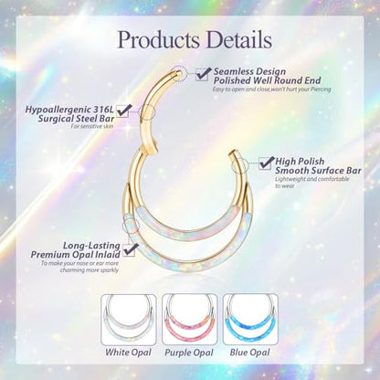 GAGABODY Septum Jewelry 16 Gauge Earrings Double Hoop Daith Earring Surgical Steel Hinged Nose Rings Nose Hoop Helix Tragus Rook Piercing - color: Style6:1pc Gold+White Opal Double Hoop