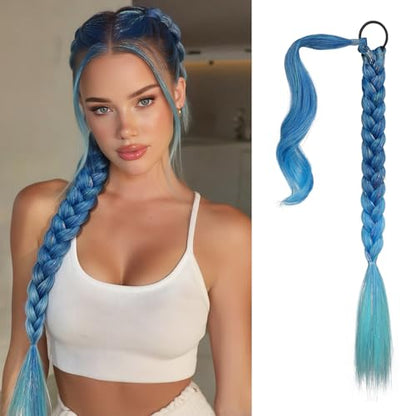 Long Braid Ponytail Extension with Hair Tie Straight Sleek Wrap Around Hair Extensions Braid Pony Tail Fluffy Natural Synthetic Hairpieces for Women Daily Wear,26 inch-Blue to Turquoise Ombre - color: Blue to Turquoise Ombre, size: 26 Inch (Pack of 1)