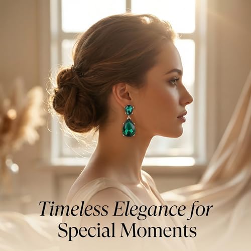 Green Earrings for Women, Emerald Green Teardrop Drop Estate Style Dangle Earrings with Rhinestone Crystal for Prom Wedding Fashion Events