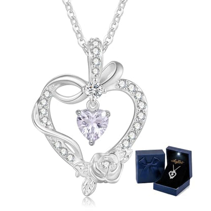 Heart Birthstone Necklace, LED Gift Box | Heart birthstone necklace with rose CZ pendant and LED gift box, ready-to-gift birthday gift for mom, wife, grandma, sister - color: White Gold 06-JuneLavender