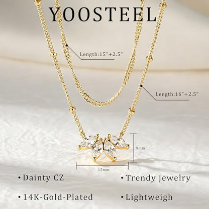 Yoosteel Layered 14K-Gold-Plated Necklace for Women,CZ Necklaces Stack | Dainty Cubic Zirconia Pendant Necklace,Simple Chain Choker Stackable,Trendy Jewelry,Wedding Bridesmaid Gifts - color: Layered Flower CZ