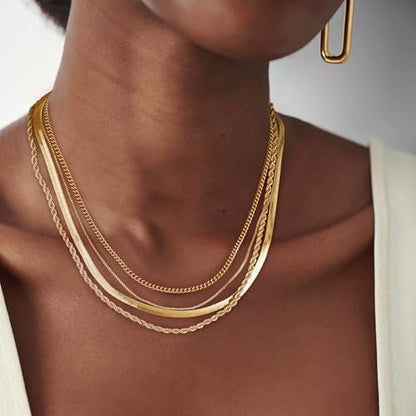 Tewiky Layered Necklaces for Women 14k Gold Plated Chain Necklace Set | Chunky Herringbone/Snake/Rope/Box/Cuban Link Chain for Women, Layering Stack Choker Necklace, Dainty Jewelry Set Non Tarnish - color: 4 Layered Necklace Gold