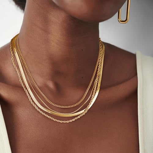 Tewiky Layered Necklaces for Women 14k Gold Plated Chain Necklace Set | Chunky Herringbone/Snake/Rope/Box/Cuban Link Chain for Women, Layering Stack Choker Necklace, Dainty Jewelry Set Non Tarnish - color: 4 Layered Necklace Gold