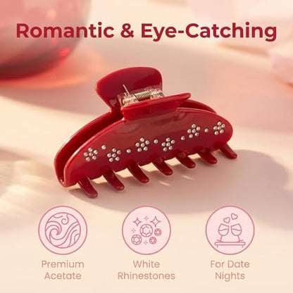 Red Claw Clips Acetate Big Hair Clips for Women Thick Hair 4In | Large 4 Inch Red, Premium Acetate Rhinestone Starburst Non-Slip Jaw Clips for Women Styling Fine, Thick & Curly Updo Hair - color: red