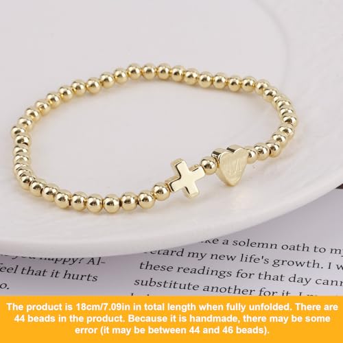 Mikovivi Women's Cross Bracelet with Initial Beads, Elastic Heart Alphabet Charm Stackable Beaded Bracelet Religious Christian Jewelry Gift - style: Letter M