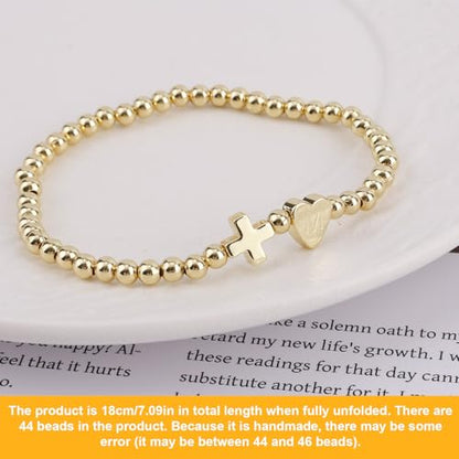Mikovivi Women's Cross Bracelet with Initial Beads, Elastic Heart Alphabet Charm Stackable Beaded Bracelet Religious Christian Jewelry Gift - style: Letter M