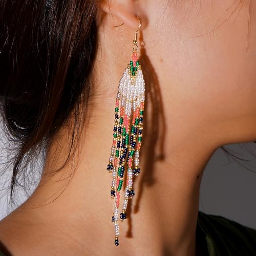 Bohemian Tassel Colorful Beaded Earrings For Women Trendy, Long Fringe Feather Drop Jewelry Handmade Gifts. - color: color1
