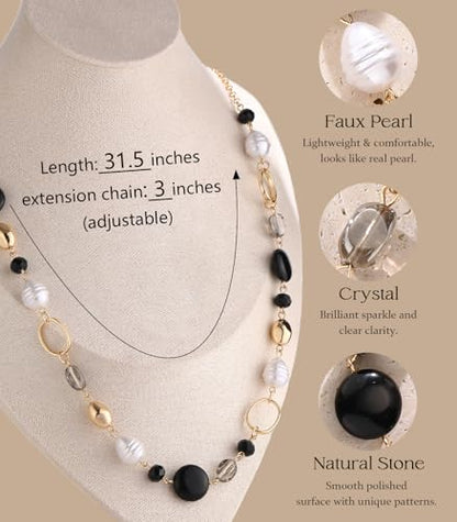 Long Gold Necklaces for Women Trendy Beaded Chain Necklace Chunky Costume Jewelry Gifts for Her - color: Black Agate