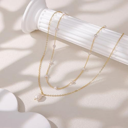 Gold Pearl Necklaces for Women Trendy, 14K Gold Plated Dainty Necklace Simple Single Double Layered Pearl Pendant Necklaces for Women Wedding Birthday Jewelry Gifts - color: 5-Layered Pearls-Gold