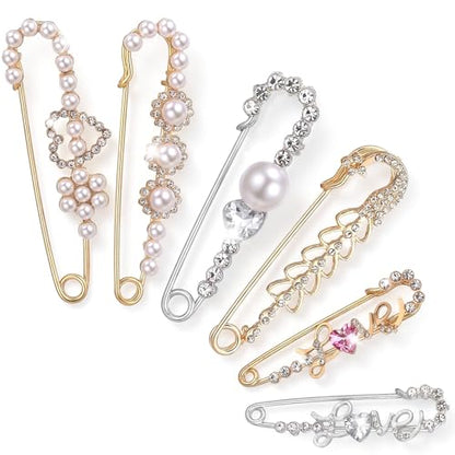 Ouligay 6 Pieces Women Brooch Pins Large Pearl Brooch Pin Sweater Shawl Clips Faux Crystal Pearl Brooches and Pin for Women, Brooches Safety Pins Dress Clips Shirt Clip for Clothing Costume Accessory