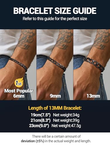 PROSTEEL Bracelets for Men, Figaro/Cuban Mens Bracelet, Silver/Gold/Black | 6/9/13mm Width, 7.5/8.3/9" Length, Stainless Steel Mens Bracelet, Durable & Non Tarnish, Chunky Jewelry with Gift Box - style: G 13mm-Cuban-Black