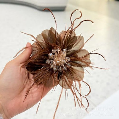 4" Crystal Feather Flower Brooch Pin for Women Girls Dainty Bright Satin Rhinestone Floral Brooches Lapel Hair Pins Elegant Wedding Cocktail Prom Party Hat Bag Suit Clothing Dress Accessories Jewelry Gift - color: Brown