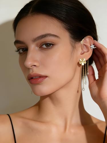 2PCS Flower Tassel Zircon Earrings Ear Cuffs No Piercing Flower Climber Wrap Around Earrings Pearl Drop Earrings for Women Fairy Ear Clip Dainty Wedding Earrings for Brides - color: Style 3- Gold