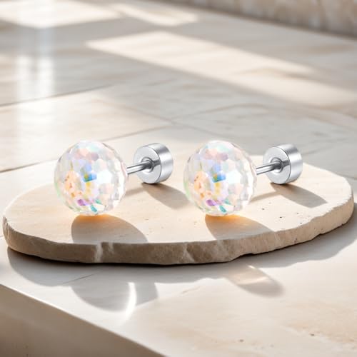 Dazzling Crystal Disco Ball Cartilage Stud Earrings for Women Mom Stainless Steel Austrian Colorful 6mm/8mm CZ Tragus Screw Flat Back Helix Tiny Studs Earring Fashion 60's 70's Jewelry Prom Party 20G - color: White,8mm