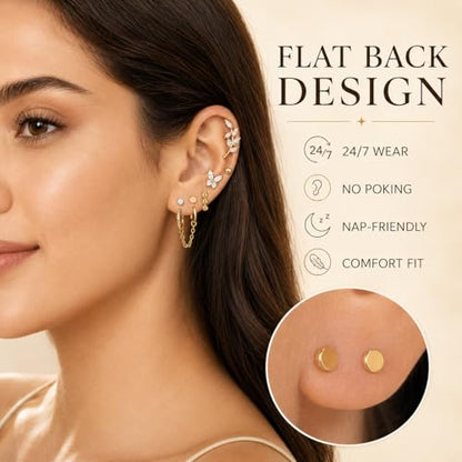 16 Single Gold Flat Back Earrings Set, Cartilage Piercing Jewelry | 316L stainless steel, 18K gold plated, nickel-free and hypoallergenic; studs, hoops, climbers and chains for ear stacks.