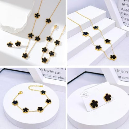 14K Gold-Filled Clover Necklace For Women - Classic Five-Leaf Flower Set Bracelet Necklace Earrings Jewelry Set, Five Leaf Clover Necklaces Dainty Lucky Clover Jewelry - color: Black - Clover Necklace