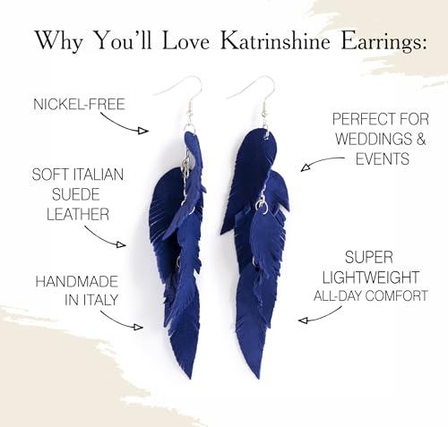 Leather Feather Earrings, Suede layered earrings, boho wedding jewelry, summer earrings, gift for her, dangle earrings - color: dark blue