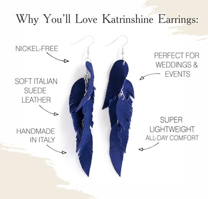 Leather Feather Earrings, Suede layered earrings, boho wedding jewelry, summer earrings, gift for her, dangle earrings - color: dark blue