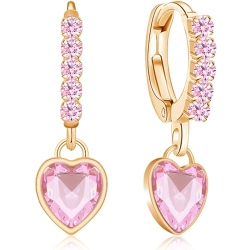 Sparkly Crystal Love Heart Dangle Drop Earrings Dainty Rhinestone Tiny Heart Huggie Hoop Earrings For Women - color: Pink