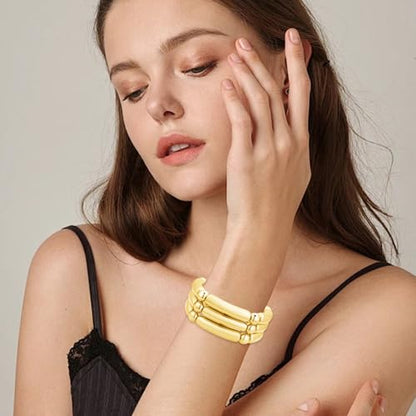 YBMYCM 5PCS Gold Chunky Bangles Bracelets for Women | 14k Gold Plated Stackable Layered Curved Bamboo Tube Stretch Bracelets Bangle Gift Jewelry - color: 3pcs G-8mm