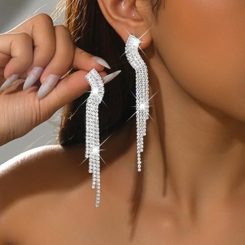 Gold Rhinestone Tassel Dangle Earrings for Women,Long Sparkly Crystal Statement Earring,Trendy Bridal Wedding Prom Jewelry Accessories - color: Silver