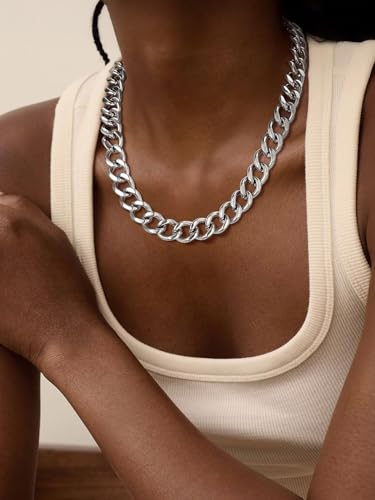 ChainsPro Cuban Link Chain for Women,Stainless Steel Chunky Necklace Silver/Gold Plated Thick Chain Choker, 12/16/20 mm Width,18" and 20" Punk Hip Hop Trendy Non Tarnish Jewelry Gifts - color: Silver, style: 12mm-20"