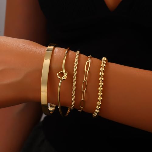 Gold Bangle Bracelets for Women Non Tarnish, 18k Gold Bracelet Stack Layered Chunky Cuff Bracelet Knot Cross Bowknot Bracelets Trendy Jewelry Set for Women Gifts - color: S02