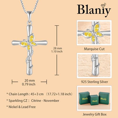 Cross Necklace for Women 925 Sterling Silver Butterfly Necklace Birthstone Pendant Created Gemstone Jewelry Gifts for Women - color: 11 November - Citrine