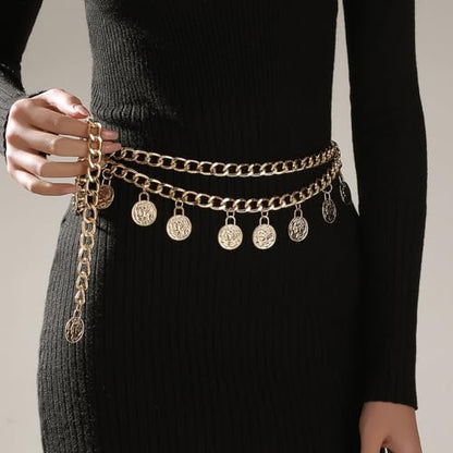 Pirate Waist Chain for Women Multilayer Metal Waist Chain Belt Adjustable Long Belt Body Belly Chain Boho Layered Coin Waist Chain Pirate Costume Women Men Jewellery - style: 408-HSYL-H 130CM