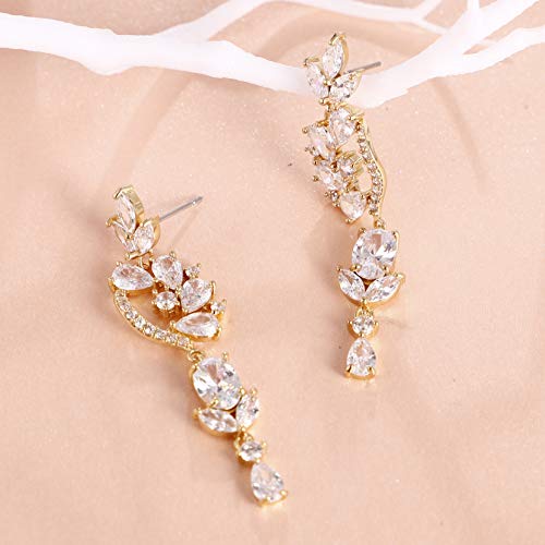 CZ Bridal Earrings for Wedding - 14k Plated Sterling Silver Elegant Teardrop Cubic Zirconia Crystal Rhinestone Floarl Leaf Cluster Chandelier Statement Dangle Drop Earrings for Bride Bridesmaids Party - color: Floral - Gold
