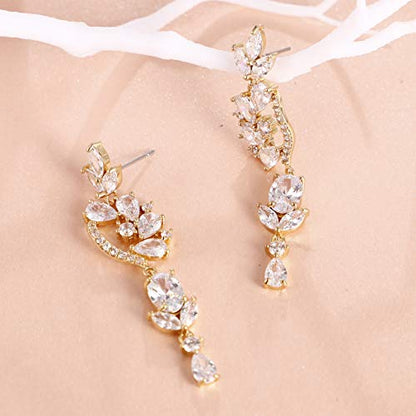 CZ Bridal Earrings for Wedding - 14k Plated Sterling Silver Elegant Teardrop Cubic Zirconia Crystal Rhinestone Floarl Leaf Cluster Chandelier Statement Dangle Drop Earrings for Bride Bridesmaids Party - color: Floral - Gold