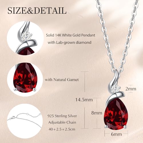 FANCIME 14K Solid White Gold Birthstone Pendant Necklace for Women with Diamond Pear Shaped Teardrop Necklace Birthday Gifts for Mom Women,Sterling Silver Chain 16" + 2" Extender - color: 01-Garnet