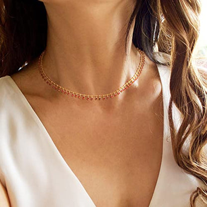 MTMY Beaded Necklaces for Women 14K Gold Plated Dainty Colorful Green/Rose Beaded Pearl Choker Necklace Delicate Boho Choker Necklace Jewelry Gift - style: Rose