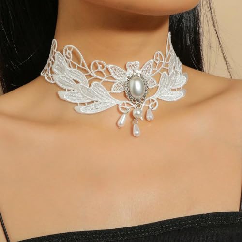 Goth Black Choker Necklace Crystal Bead Pendant Necklace for Women Gothic Velvet Lace Choker Halloween Vampire Witch Cosplay - color: E-White