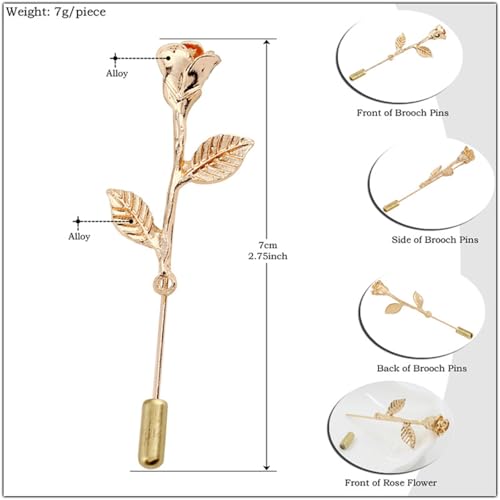 Dreuyet Simple Gold Silver Plated Long Brooch Pins with Cute Animal Antlers Leaves Plant Bees Rabbits Rose Flower Feather Brooch Jewelry for Women Men Elegant Suit Collar Lapel Pin - style: Rose