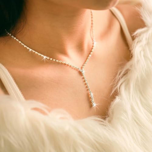 Yean Silver Bridal Jewelry Set Rhinestone Wedding Necklace and Earring Set Prom Jewelry for Women and Bride - color: Silver
