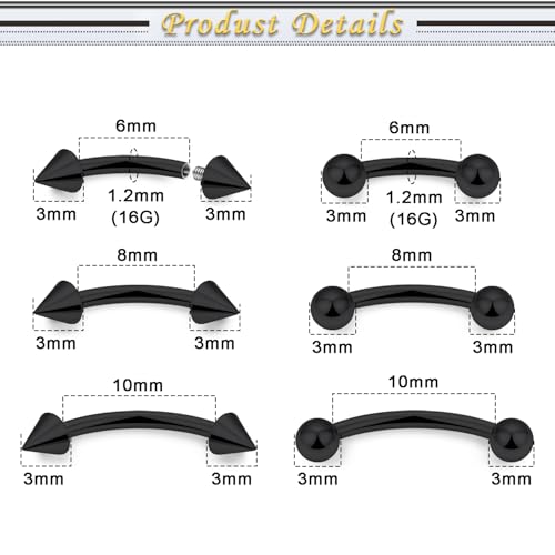 Eyebrow Piercing Jewelry Internally Threaded Surgical Steel Vertical Labret Lip Jewelry Curved Barbell Tiny Eyebrow Ring Ear Rook Navel Small Belly Button Ring for Women Men 16g - color: 16g,black