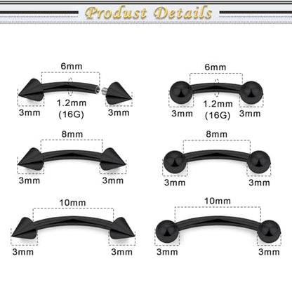 Eyebrow Piercing Jewelry Internally Threaded Surgical Steel Vertical Labret Lip Jewelry Curved Barbell Tiny Eyebrow Ring Ear Rook Navel Small Belly Button Ring for Women Men 16g - color: 16g,black