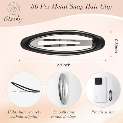 obeoby 30 Pcs Snap Hair Clips, 2.7-in Oval Barrettes for Women, Black | Non Slip Metal Hair Pins for Thick Fine Thin Hair Accessories Styling Gifts - color: Black
