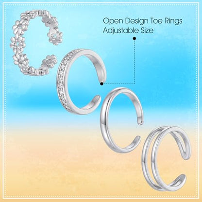 Tyqour Silver Toe Rings for Women Stainless Steel Toe Rings Adjustable Ring Set of 4 Non Tarnish Toe Rings Silver for Summer Beach Jewelry