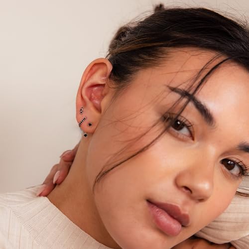 3 Pairs Huggie Hoop Earring Set 18K Gold Plated Cubic Zirconia Cartilage Earrings, Multi Piercings Ear Jacket Earring Climber Stud Earring for Women Everyday Earrings - color: Silver Black Cubic Zirconia Hoop