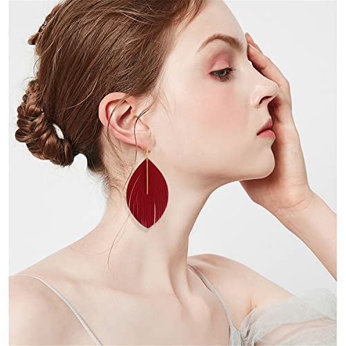Bohemian Handmade Lightweight Color Large Genuine Soft Leather Fringe Feather Leaf Tear Dangle Drop Earrings for Women Statement - color: Red