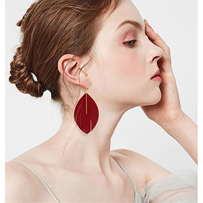 Bohemian Handmade Lightweight Color Large Genuine Soft Leather Fringe Feather Leaf Tear Dangle Drop Earrings for Women Statement - color: Red