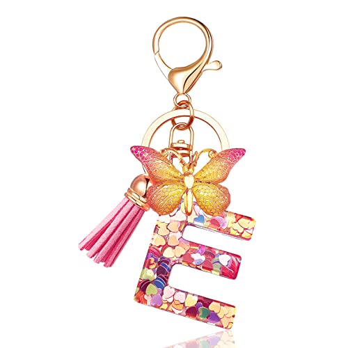 JINGUAZI Butterfly Initial Letter Keychain Bag Charms for Women | Cute pendant accessories for purses, handbags, backpacks, car keys, small gift for her young women, mothers, teachers - color: E-pink