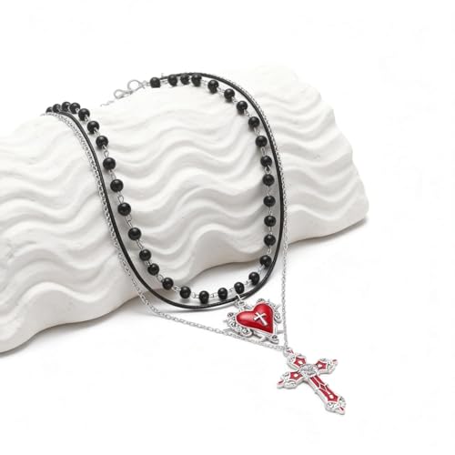 Gothic Necklaces for Women Cross Heart Pendant Layered Necklace Statement Jewelry Dark Romantic Gift for Halloween Parties - color: B:red