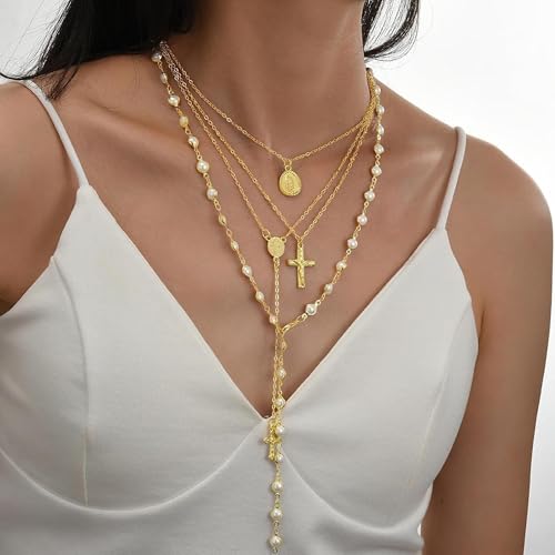 Frodete Gold Lariat Necklace for Women Long Gold Drop Necklace with Clear Beads Adjustable Y Necklace for Dresses Party Vacation - color: C2:pearl long necklace