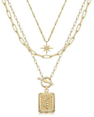 MJartoria Layered Necklaces for Women, 14K Gold Plated Brass | Star Choker, Square Birth Flower, Paperclip Chain, Trendy - color: Gold, style: Z05-Lily