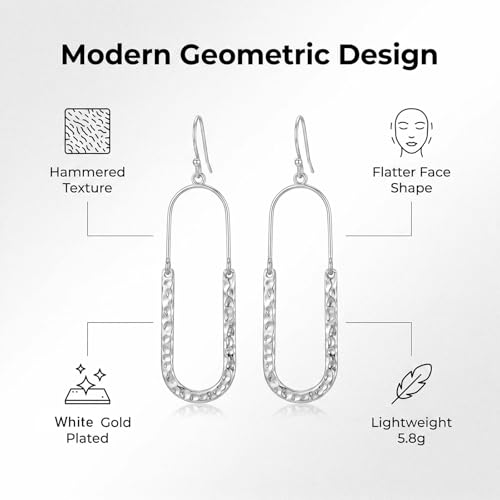 14K Gold Plated Texture Geometric Earrings, Simple Oval Hammered Hoop Drop Dangle Earrings for Women, Lightweight Dangly Minimalist Jewelry - color: Oval-Silver