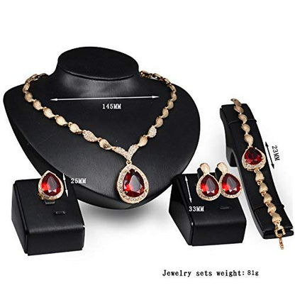 Womens Luxury Africa Dubai 18k Gold Plated Jewelry Sets Wedding Rhinestone Crystal Bib Statement Necklace Earrings Set for Brides Party Prom - color: Red