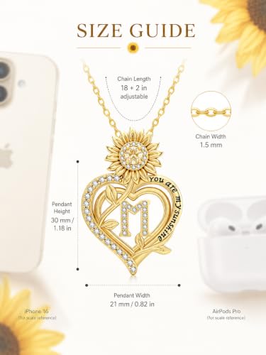 14K Gold Sunflower Initial Necklaces for Women | Heart Letter Pendant You Are My Sunshine Jewelry Gifts - style: M
